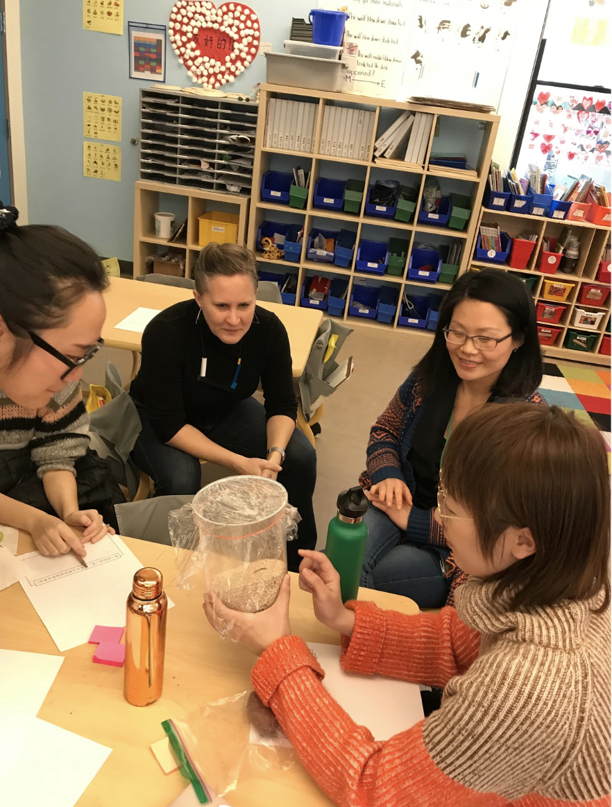   Allie Chen and the first grade team lead a discussion on inquiry-based science education. Here they illustrate the “tuning in” step, the first step of the inquiry cycle. The group is studying a habitat and trying to figure out what animals would live in it.  